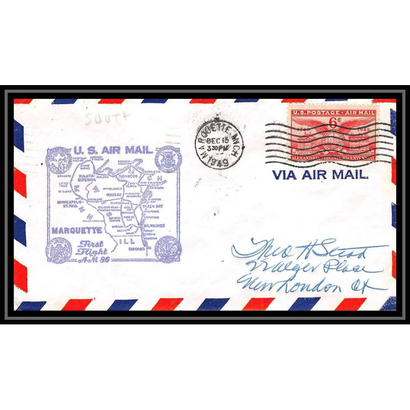 1119 lettre USA Aviation premier vol Airmail cover first flight aeroplane 1949 AM 86 Marquette (Michigan)