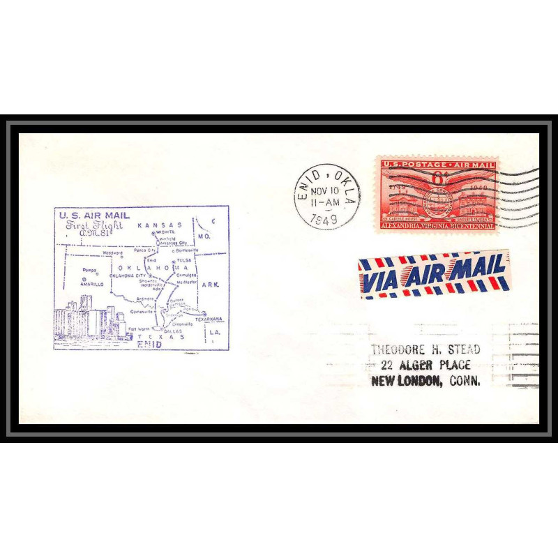 1122 lettre USA Aviation premier vol Airmail cover first flight aeroplane 1949 AM 81 Enid, Oklahoma