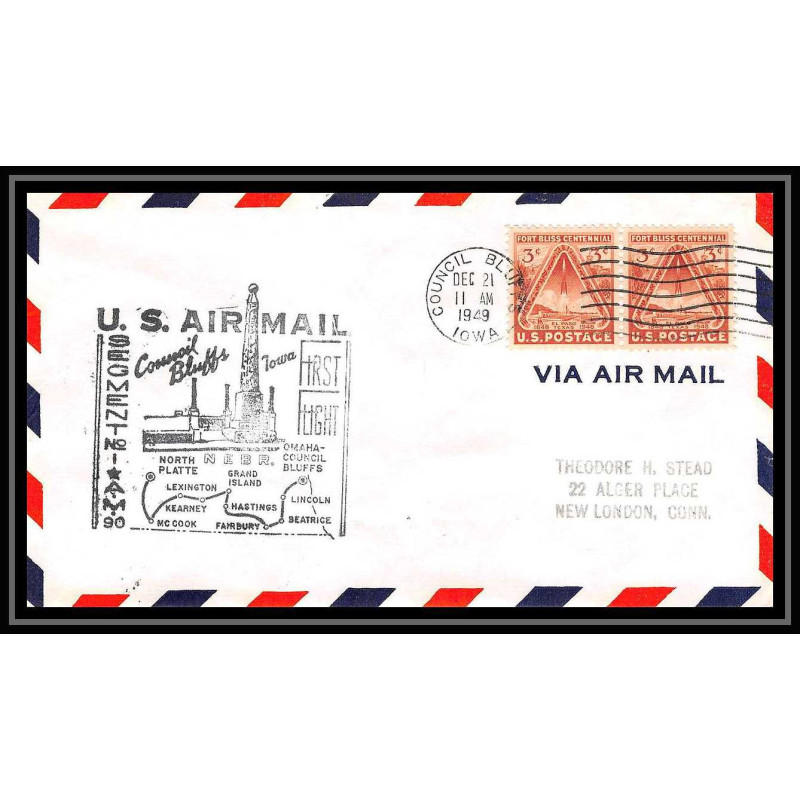 1125 lettre USA Aviation premier vol Airmail cover first flight aeroplane 1949 AM 90 Council Bluffs, Iowa