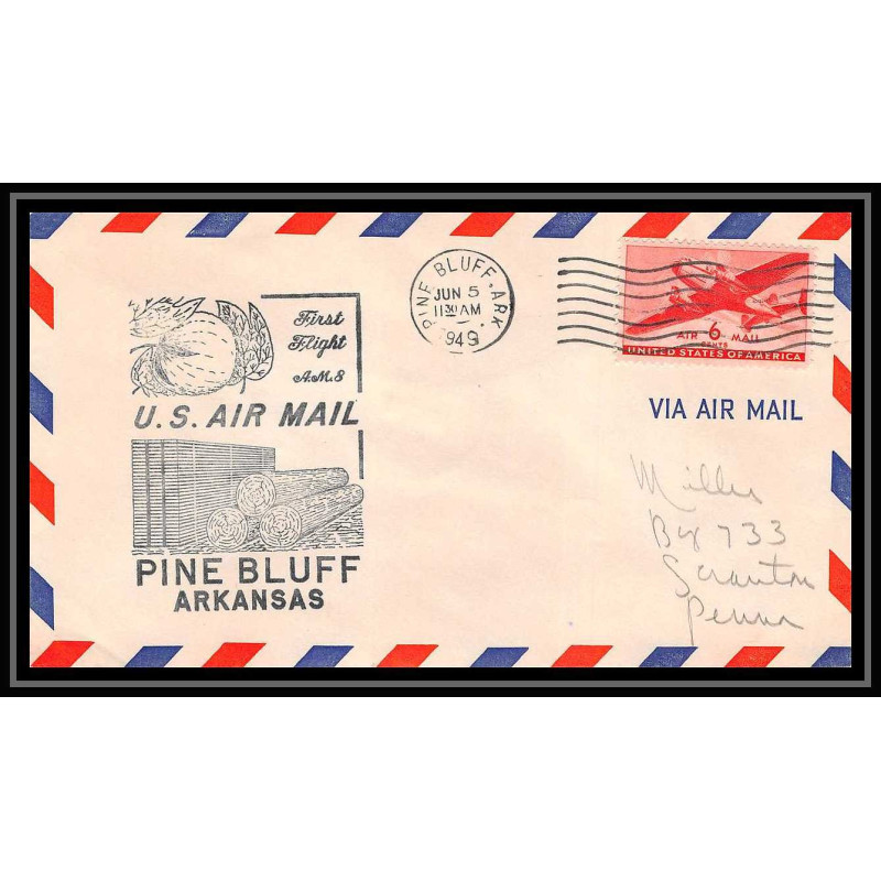 1127 lettre USA Aviation premier vol Airmail cover first flight aeroplane 1949 AM 8 Pine Bluff Iowa