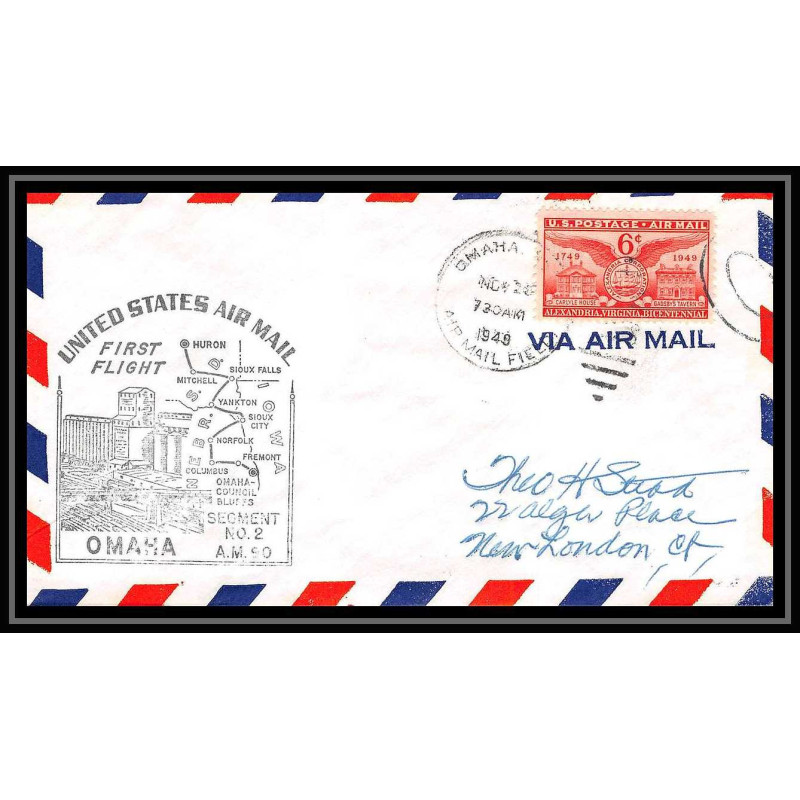 1128 lettre USA Aviation premier vol Airmail cover first flight aeroplane 1949 am 90 Omaha (Nebraska)