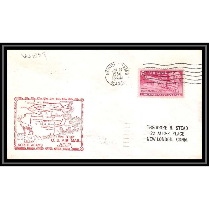 1140 lettre USA Aviation premier vol Airmail cover first flight aeroplane 1949 AM 79 Adams, Massachusetts