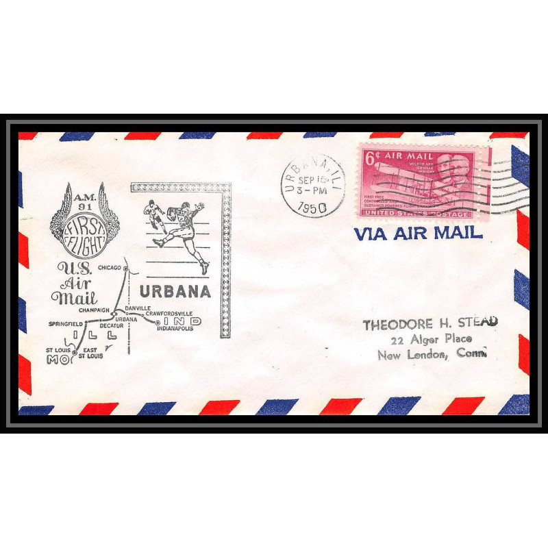 1142 lettre USA Aviation premier vol Airmail cover first flight aeroplane 1950 AM 91 Urbana (Illinois)