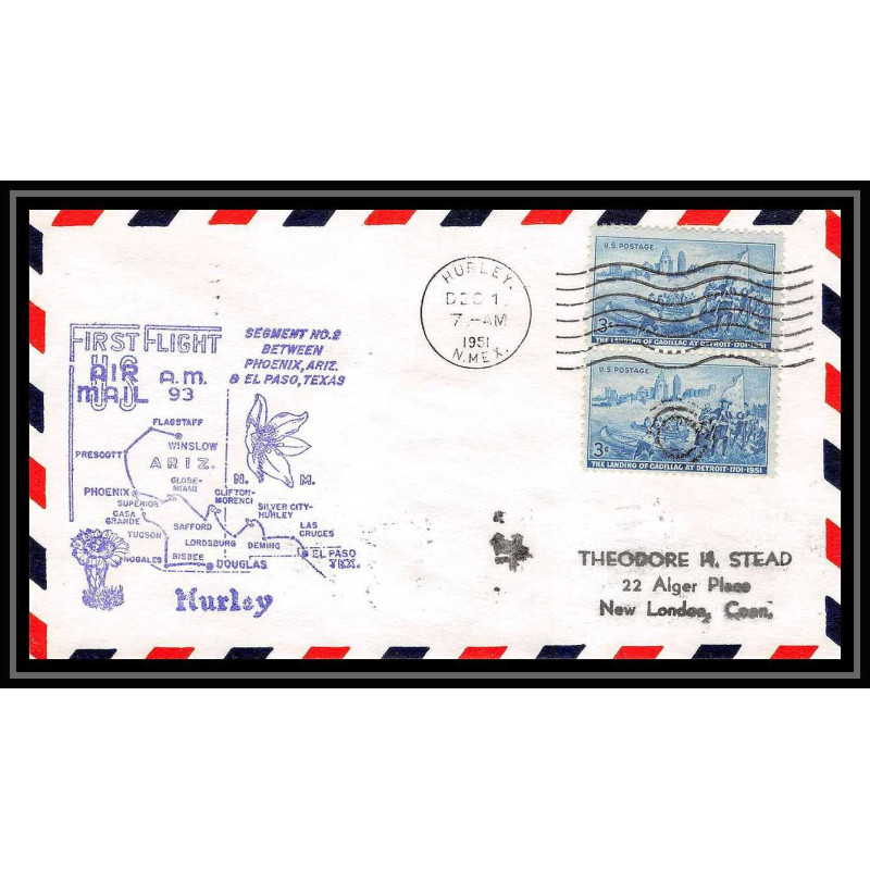 1155 lettre USA Aviation premier vol Airmail cover first flight aeroplane 1951 AM 93 Hurley, New Mexico