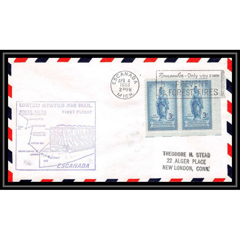 1164 lettre USA Aviation premier vol Airmail cover first flight aeroplane 1953 AM 86 Escanaba, Michigan