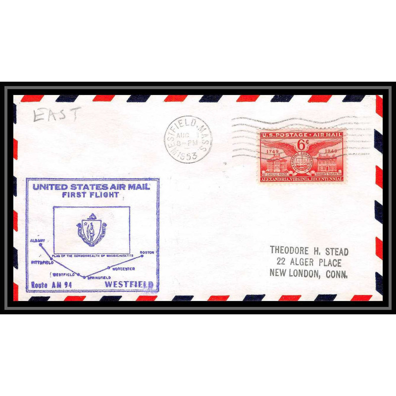 1166 lettre USA Aviation premier vol Airmail cover first flight aeroplane 1953 AM 94 Westfield, Massachusetts