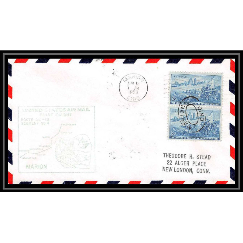 1170 lettre USA Aviation premier vol Airmail cover first flight aeroplane 1953 AM 88 Marion, Ohio