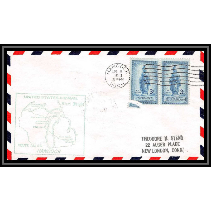 1174 lettre USA Aviation premier vol Airmail cover first flight aeroplane 1953 AM 86 Hancock, Michigan
