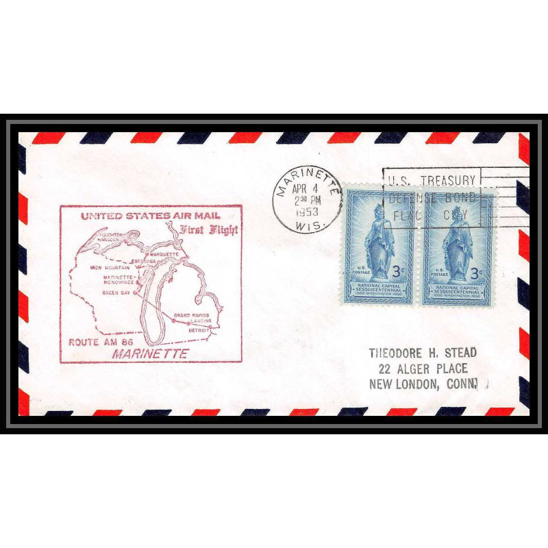 1175 lettre USA Aviation premier vol Airmail cover first flight aeroplane 1953 AM 86 Marinette (Wisconsin)