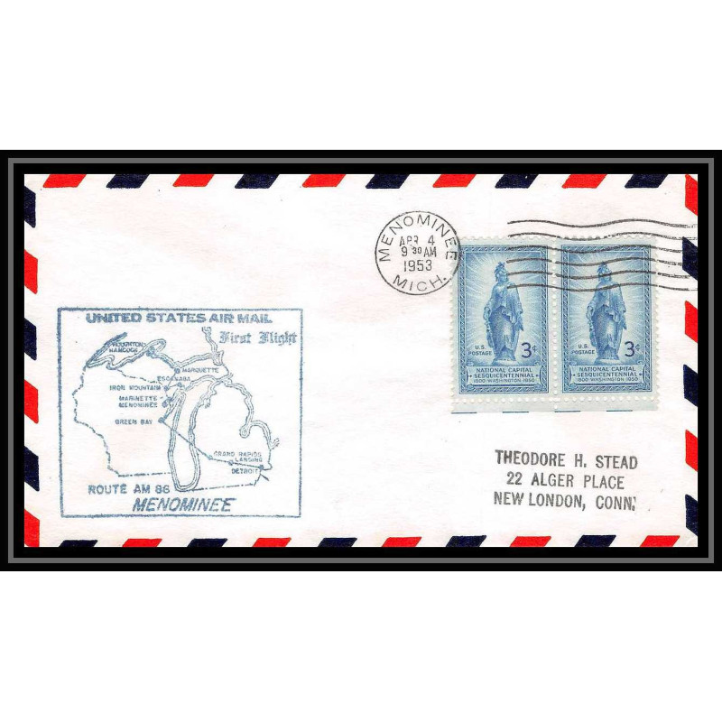 1176 lettre USA Aviation premier vol Airmail cover first flight aeroplane 1953 AM 86 Menominee, Michigan