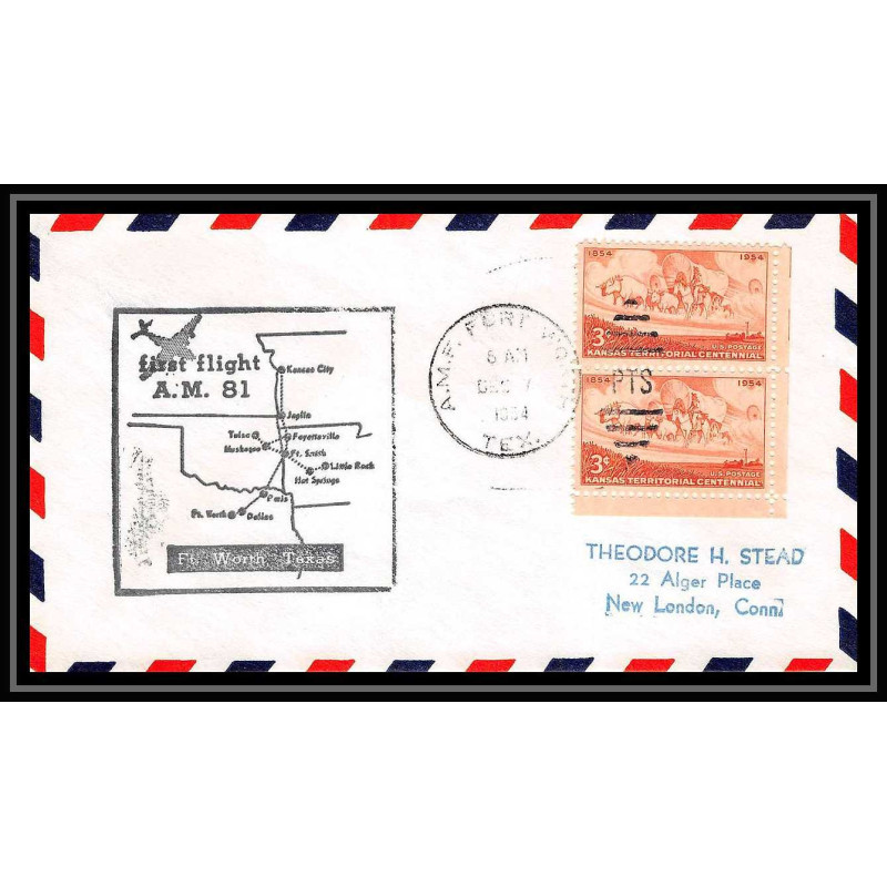 1186 lettre USA Aviation premier vol Airmail cover first flight aeroplane 1954 AM 81 Fort Worth, Texas