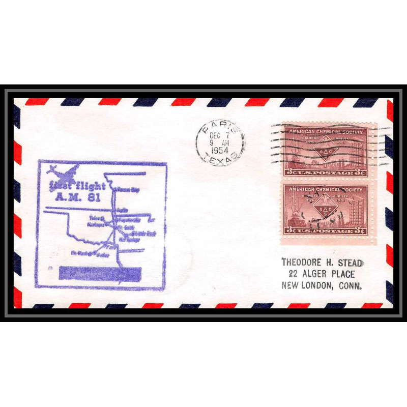 1187 lettre USA Aviation premier vol Airmail cover first flight aeroplane 1954 AM 81 Paris Texas