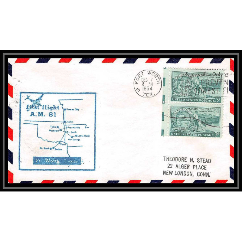 1188 lettre USA Aviation premier vol Airmail cover first flight aeroplane 1954 AM 81 Fort Worth, Texas