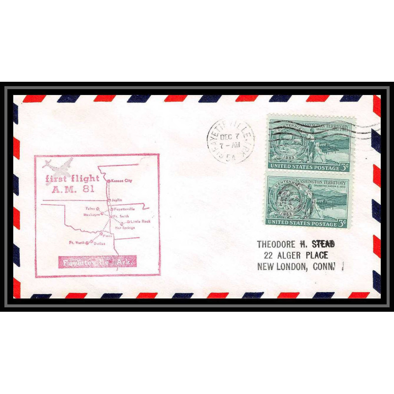 1190 lettre USA Aviation premier vol Airmail cover first flight aeroplane 1954 AM 81 Fayetteville, Arkansas