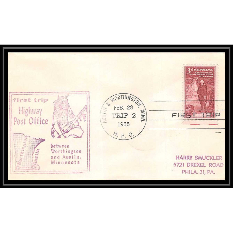 1197 lettre USA Aviation premier vol Airmail cover first flight aeroplane 1955 AUSTIN / Worthington trip 2