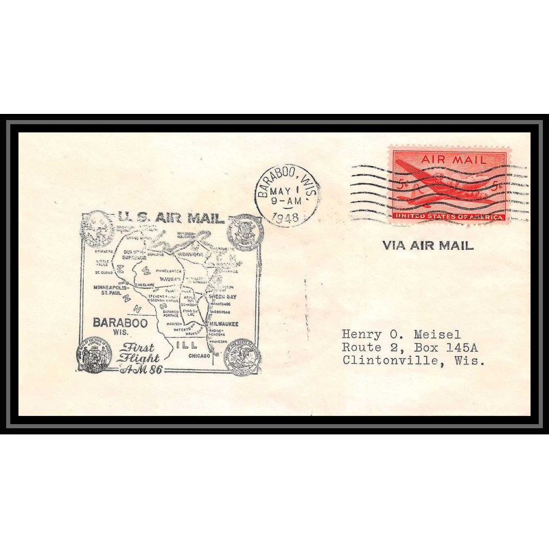 1250 lettre USA Aviation premier vol Airmail cover first flight 1948 aeroplane AM 86 Baraboo, Wisconsin