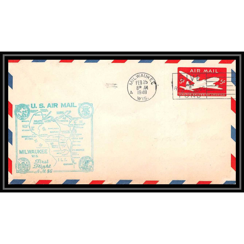 1251 lettre USA Aviation premier vol Airmail cover first flight 1948 aeroplane AM 86 Milwaukee Wisconsin