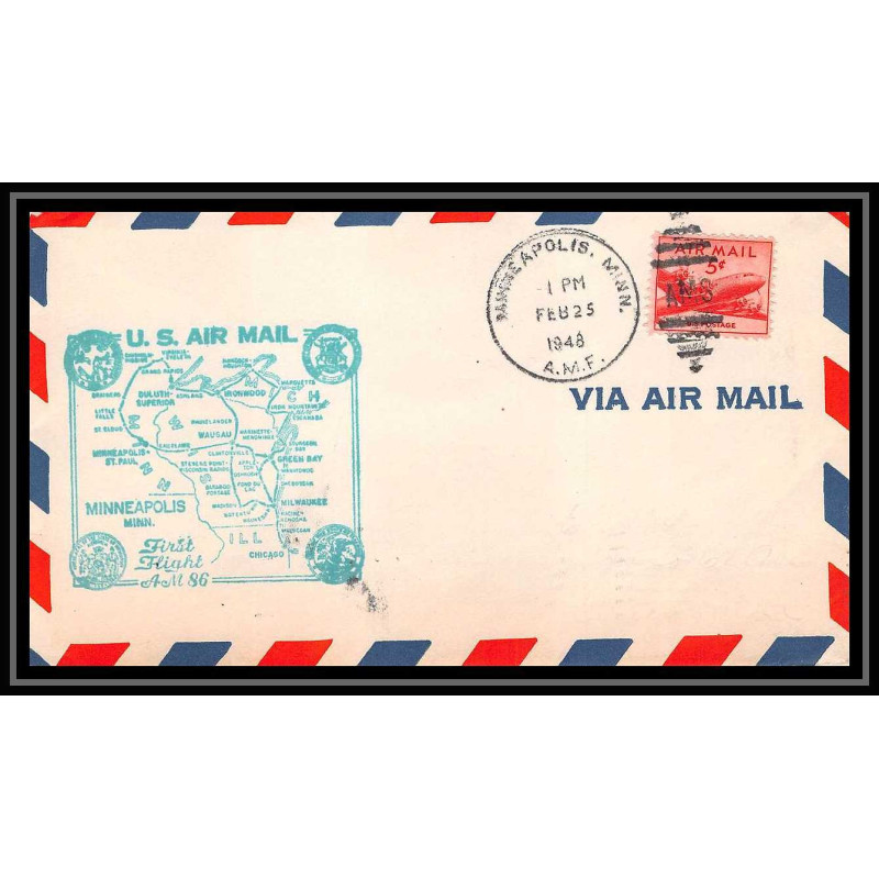 1252 lettre USA Aviation premier vol Airmail cover first flight 1948 aeroplane AM 86 Minneapolis