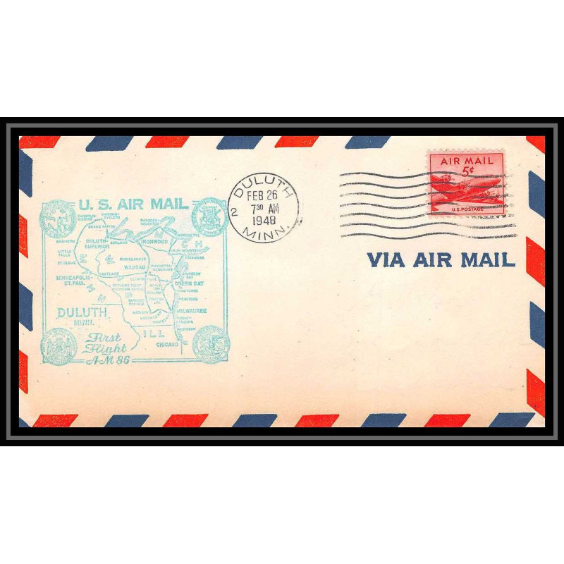 1253 lettre USA Aviation premier vol Airmail cover first flight 1948 aeroplane AM 86 Duluth (Minnesota)