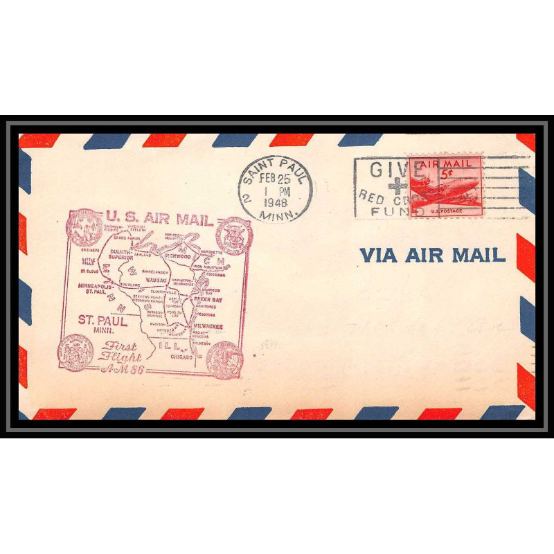 1254 lettre USA Aviation premier vol Airmail cover first flight 1948 aeroplane AM 86 Saint Paul (Minnesota)