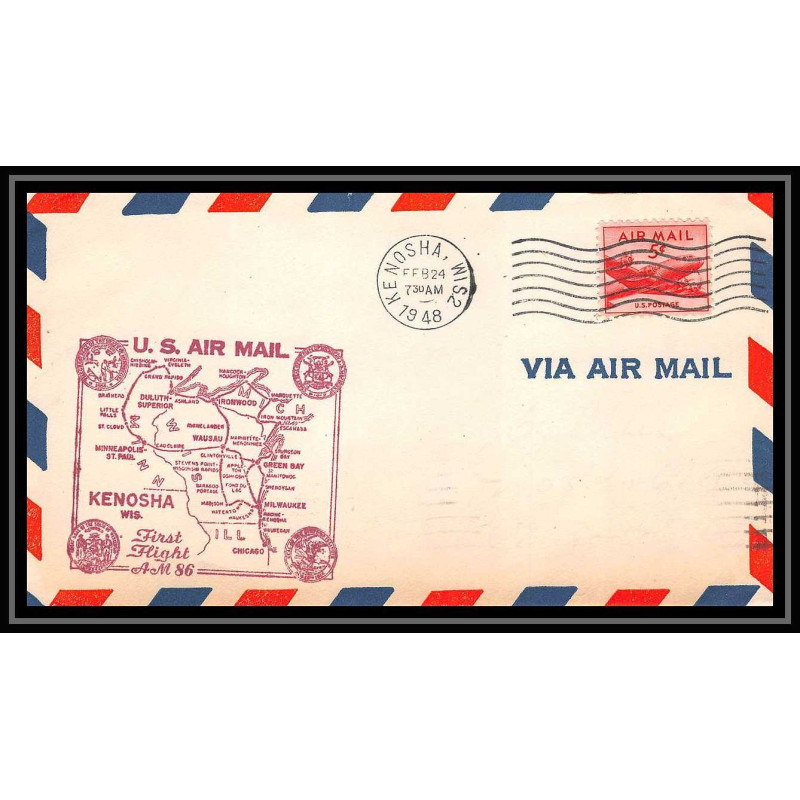 1255 lettre USA Aviation premier vol Airmail cover first flight 1948 aeroplane AM 86 Kenosha, Wisconsin