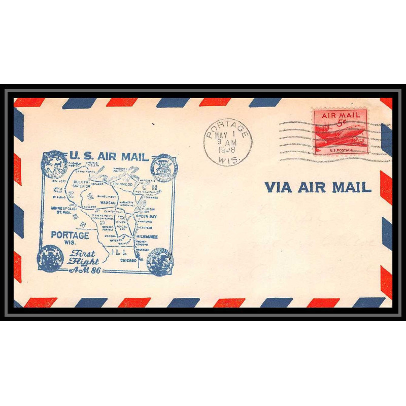 1256 lettre USA Aviation premier vol Airmail cover first flight 1948 aeroplane AM 86 Portage, Wisconsin