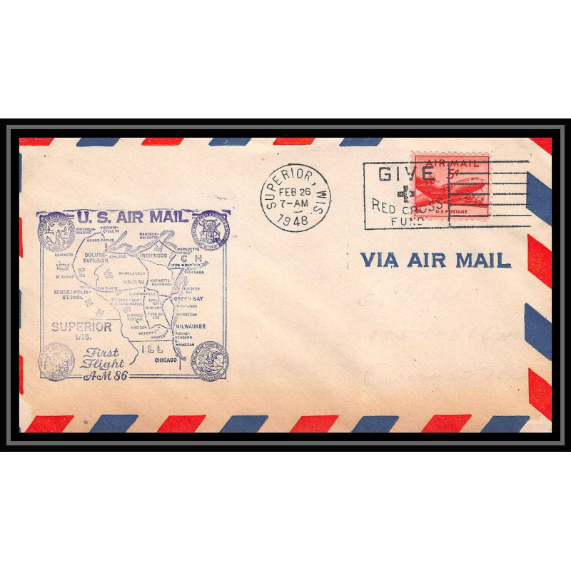 1257 lettre USA Aviation premier vol Airmail cover first flight 1948 aeroplane AM 86 Superior, Wisconsin