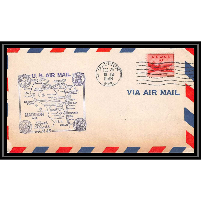 1259 lettre USA Aviation premier vol Airmail cover first flight 1948 aeroplane AM 86 Madison (Wisconsin)