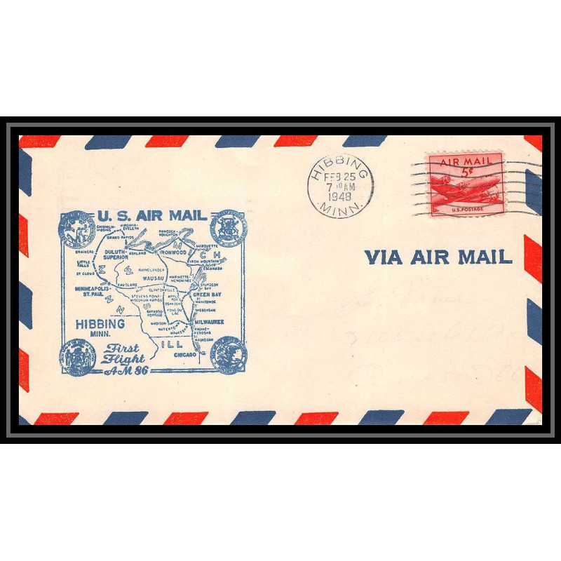 1264 lettre USA Aviation premier vol Airmail cover first flight 1948 aeroplane AM 86 Hibbing, Minnesota
