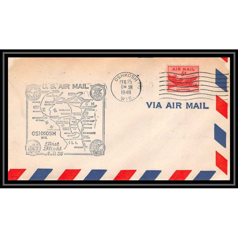 1265 lettre USA Aviation premier vol Airmail cover first flight 1948 aeroplane AM 86 Oshkosh, Wisconsin