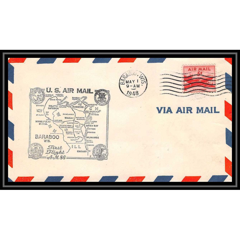 1266 lettre USA Aviation premier vol Airmail cover first flight 1948 aeroplane AM 86 Baraboo, Wisconsin