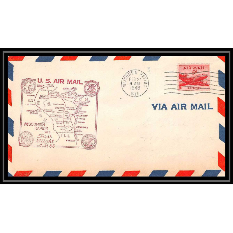 1268 lettre USA Aviation premier vol Airmail cover first flight 1948 aeroplane AM 86 Wisconsin Rapids