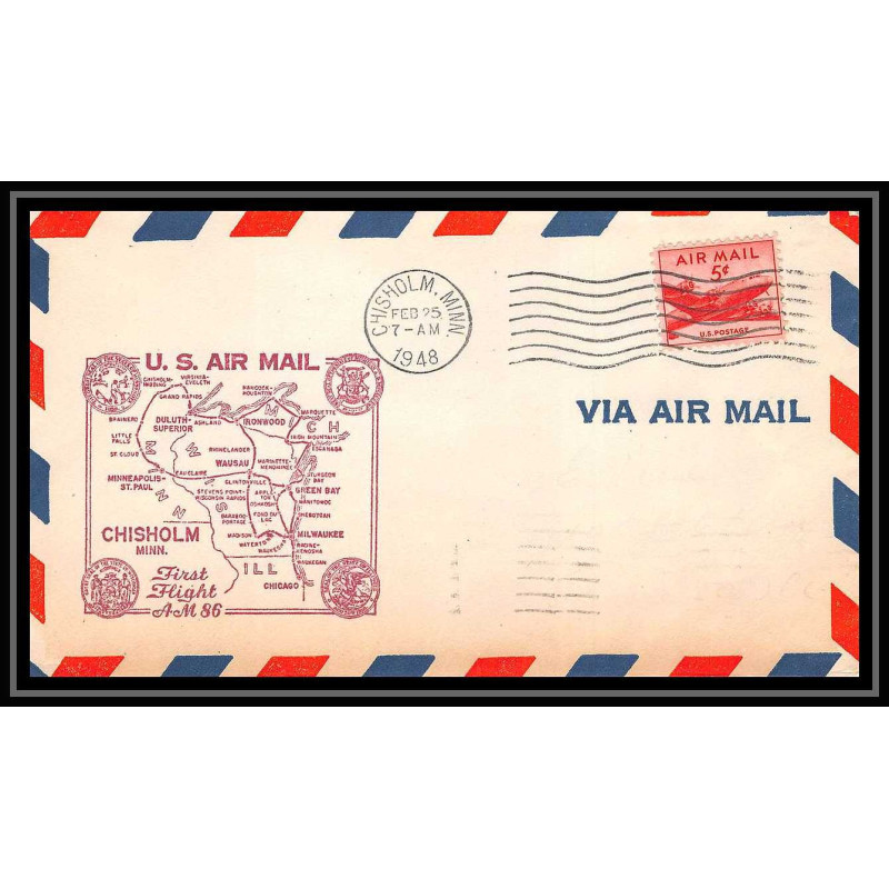 1269 lettre USA Aviation premier vol Airmail cover first flight 1948 aeroplane AM 86 Chisholm, Minnesota