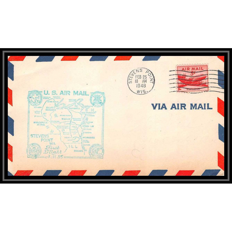 1270 lettre USA Aviation premier vol Airmail cover first flight 1948 aeroplane AM 86 Stevens Point, Wisconsin