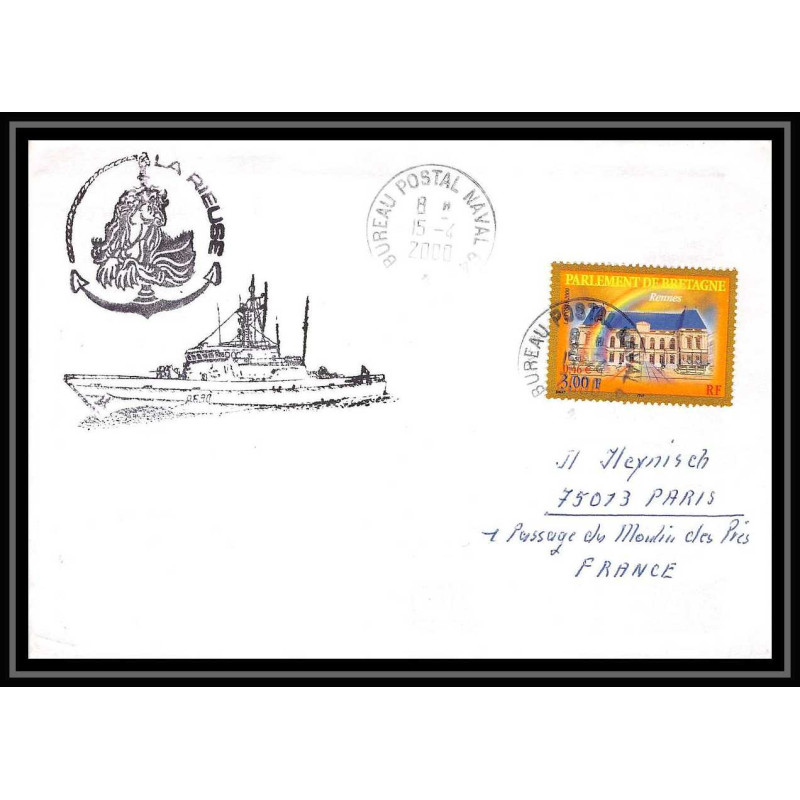 France 506 (bateau ship) 15/04/2000 Patrouilleur La Rieuse signée Lettre Navale cover bateau ship