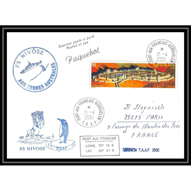 France 514 (bateau ship) fs French frigate Nivôse terres australes 14/04/2001 Lettre Navale cover bateau ship