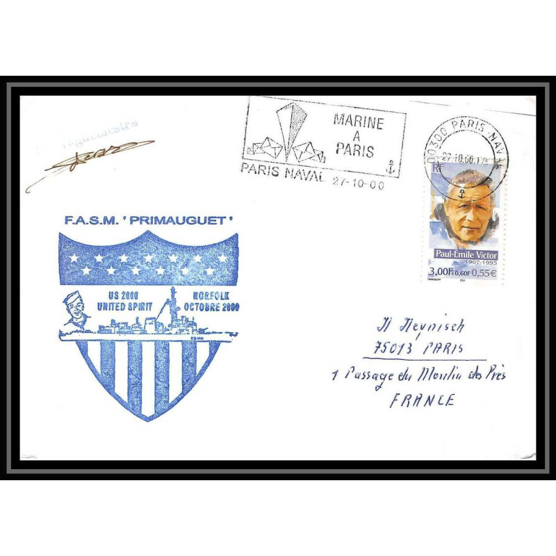 France 570 (bateau ship) fasm primauguet 27/10/2000 signee Lettre Navale cover bateau ship