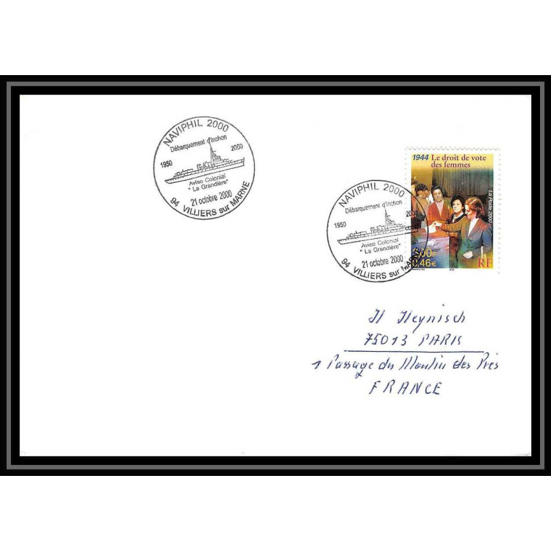 France 596 (bateau ship) inchon/ aviso colonial grandiere 21/10/2000 Lettre Navale cover bateau ship