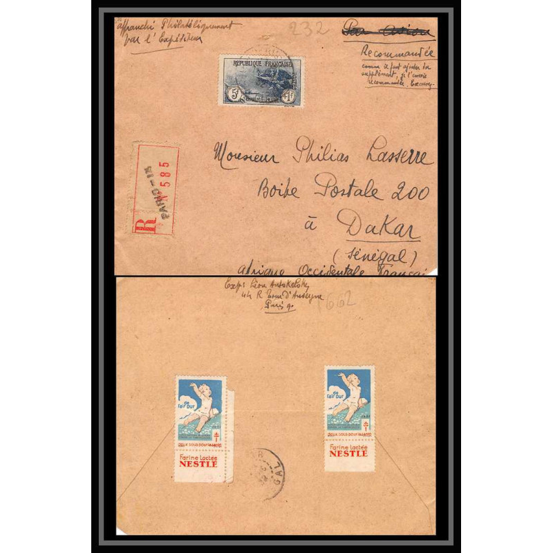 1662 seul sur Lettre (cover) N°232 Orphelins de guerre + vignette tuberculeux Pour aof dakar senegal 1932 