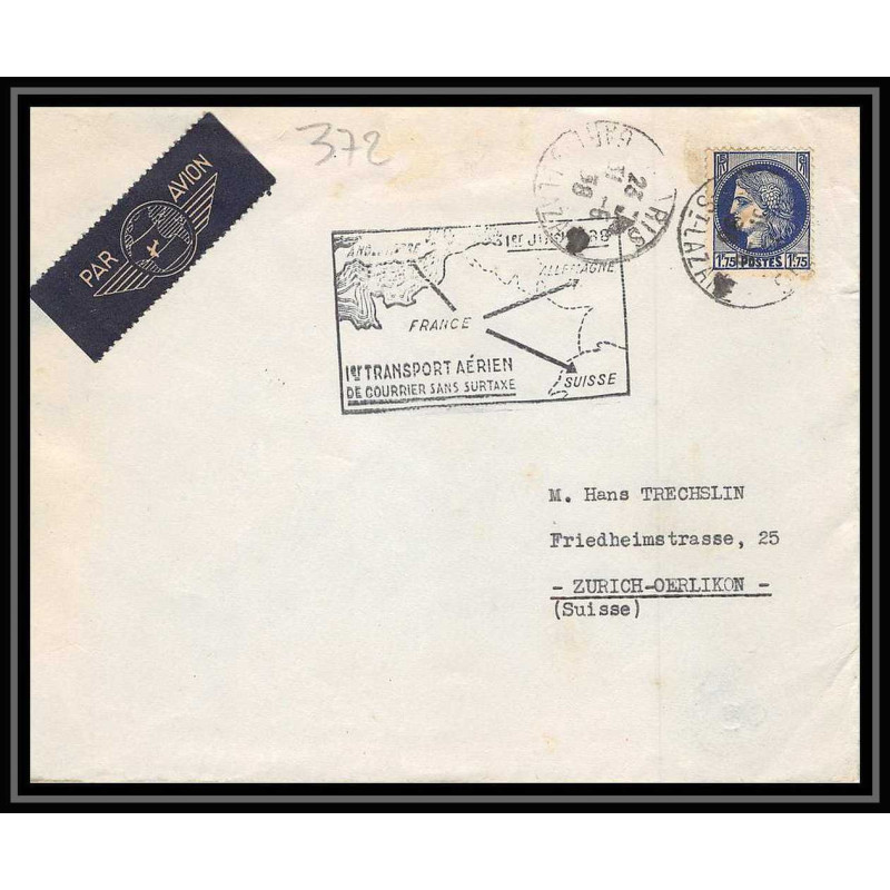 1960 N°372 aviation TRANSPORT Aérien DE Courrier SANS SURTAXE France Suisse (Swiss) Allemagne germany 1938 zurich