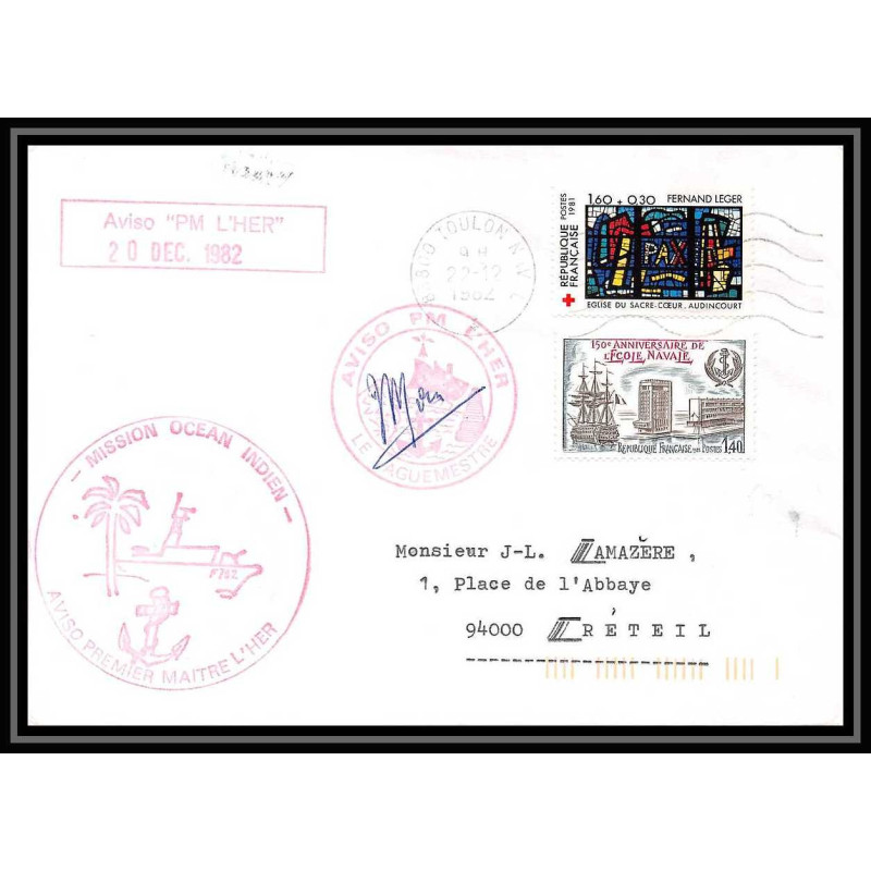 7601 aviso Premier-Maitre L'Her 1982 Signe (signed autograph) poste navale militaire France Lettre (cover) 