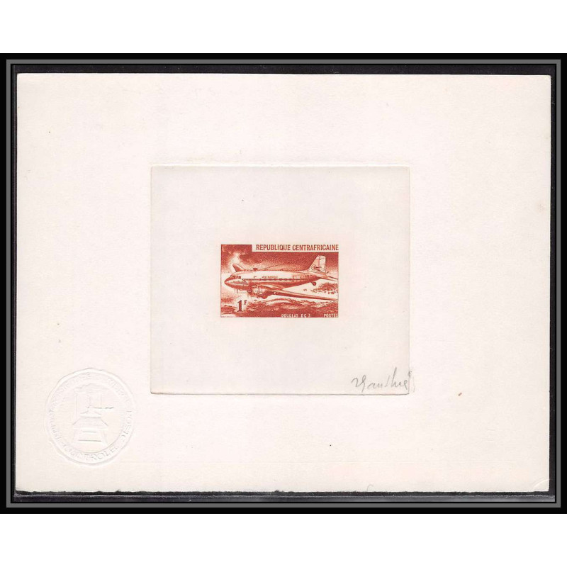 0744 Epreuve d'artiste artist proof centrafricaine y&t 94 Douglas dc-3 avion plane planes avions Signé signed autogrph