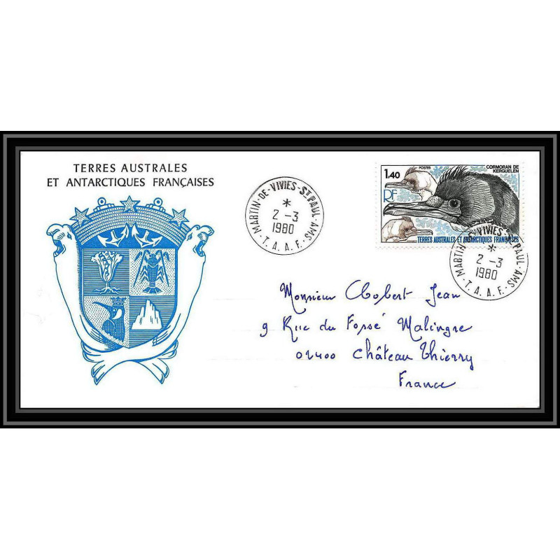 0069 Taaf terres australes Antarctic Lettre (cover) 02/03/1980 N° 78 CORMORAN FAUNE