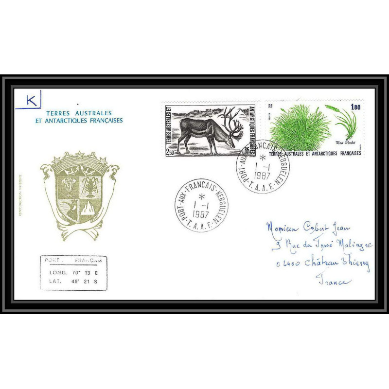 0298 Taaf Lettre (cover) 01/01/1987 N° 125 + N° 123 Faune antarctique : "renne + Flore antarctique. "Poa Cookii