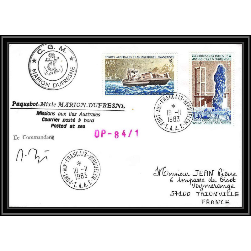 0713 Taaf terres australes Antarctic Lettre (cover) 18/11/1983 BATEAU LE GROS VENTRE N° 95 Signé signed
