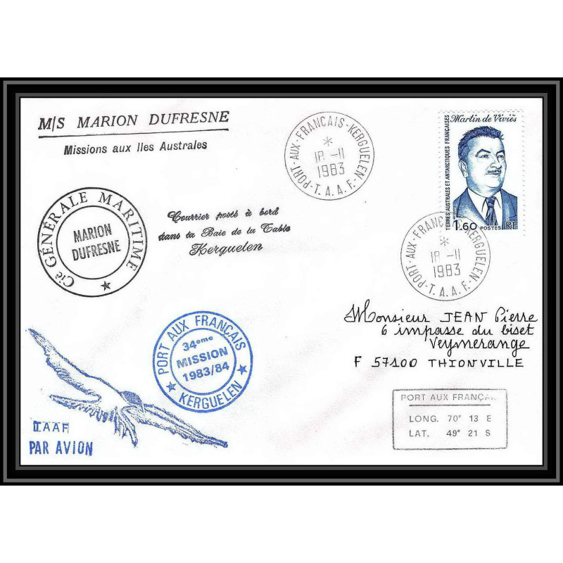 0726 Taaf terres australes Antarctic Lettre (cover) 18/11/1983 34 ième MISSION