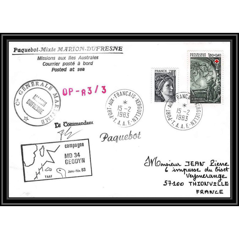 0741 Taaf terres australes Antarctic Lettre (cover) 15/02/1983 CAMPAGNE MD34 GEODYN Signé signed 