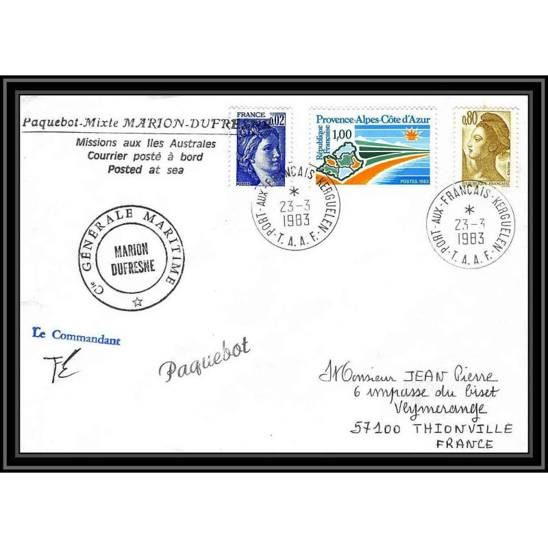 0744 Taaf terres australes Antarctic Lettre (cover) 23/03/1983 FRANCE Dufresne Signé signed paquebot