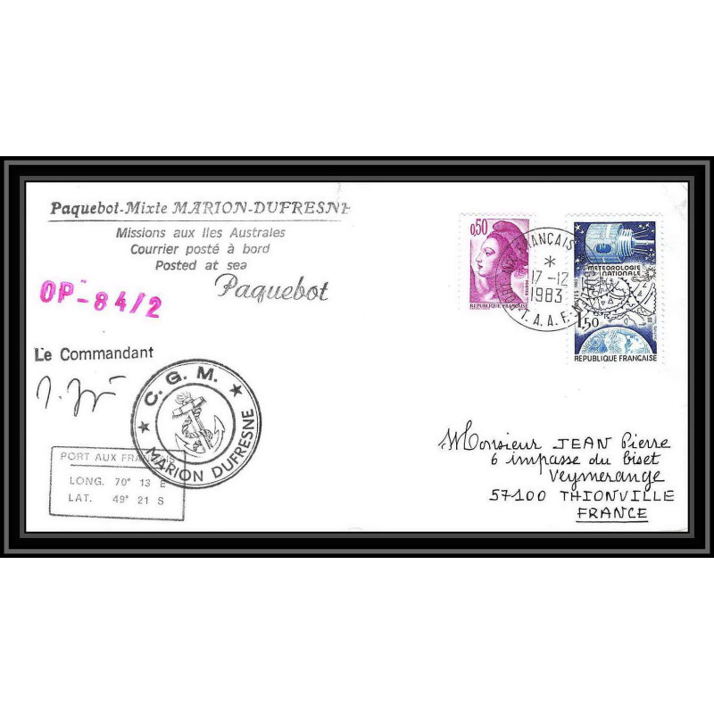 0750 Taaf terres australes Antarctic Lettre (cover) 17/12/1983 divers Dufresne Signé signed paquebot 
