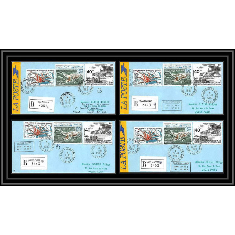 1163 lot de 4 Lettres avec cad différents Taaf terres australes Antarctic covers N°104 -1989 recommandé